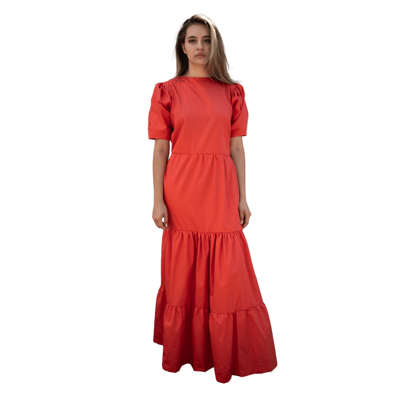 Coral Cotton Long ruffled Dress - ANTON HOJDA | Official Store